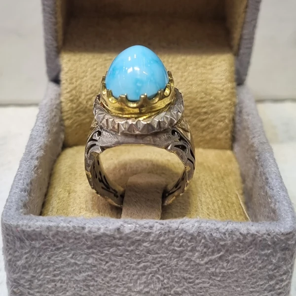 قیمت انگشتر فیروزه نقره مردانه هنر دست طرح شبکه آینه کاری وزن 22 گرم