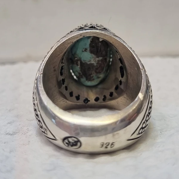 خرید انگشتر فیروزه نقره مردانه دست ساز مدل دور چنگ حصیری وزن 25 گرم