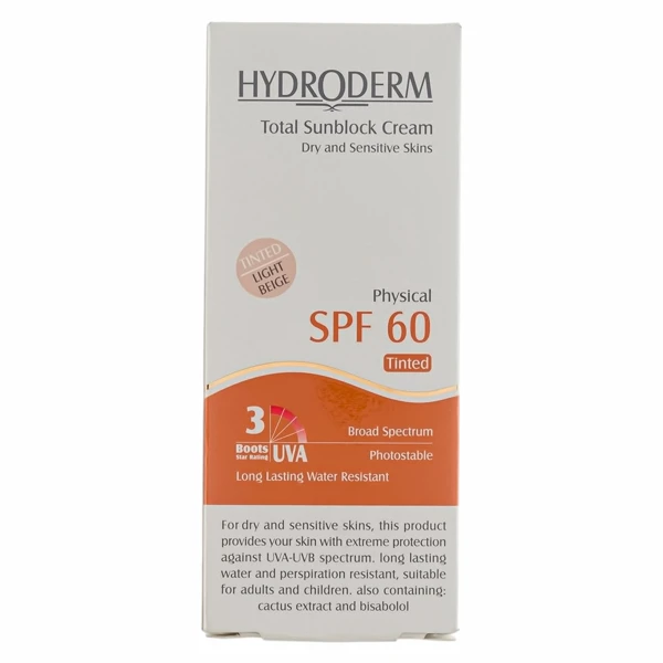 قیمت کرم ضد آفتاب رنگی هیدرودرم با SPF60 مناسب پوست خشک و حساس حجم 50 میلی لیتر