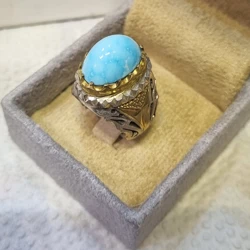 قیمت و خرید انگشتر فیروزه نقره مردانه هنر دست طرح شبکه آینه کاری وزن 22 گرم