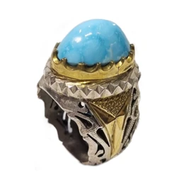 انگشتر فیروزه نقره مردانه هنر دست طرح شبکه آینه کاری وزن 22 گرم