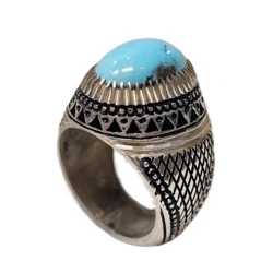 انگشتر فیروزه نقره مردانه دست ساز مدل دور چنگ حصیری وزن 25 گرم