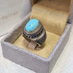 قیمت انگشتر فیروزه نقره مردانه دست ساز مدل دور چنگ حصیری وزن 25 گرم