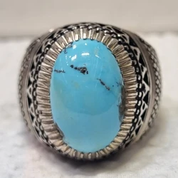 قیمت و خرید انگشتر فیروزه نقره مردانه دست ساز مدل دور چنگ حصیری وزن 25 گرم