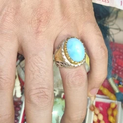 خرید انگشتر فیروزه نقره مردانه هنر دست طرح شبکه آینه کاری وزن 22 گرم