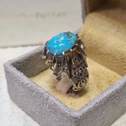 قیمت و خرید انگشتر فیروزه نقره مردانه دست ساز مدل شبکه اشکی وزن 18 گرم